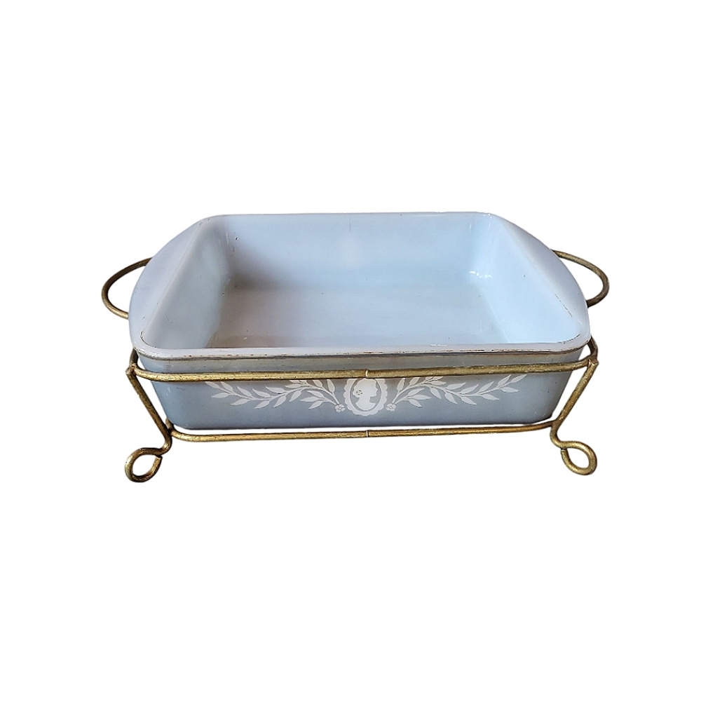 Vintage Jeanette Glasbake Square Cameo Dish With Holder